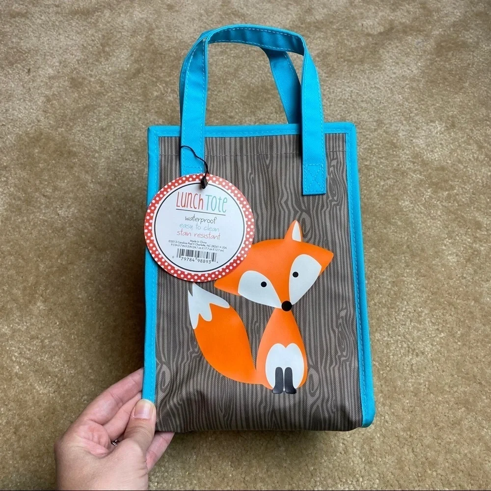 Lunch Tote Gray & Blue With Fox Design NWT
